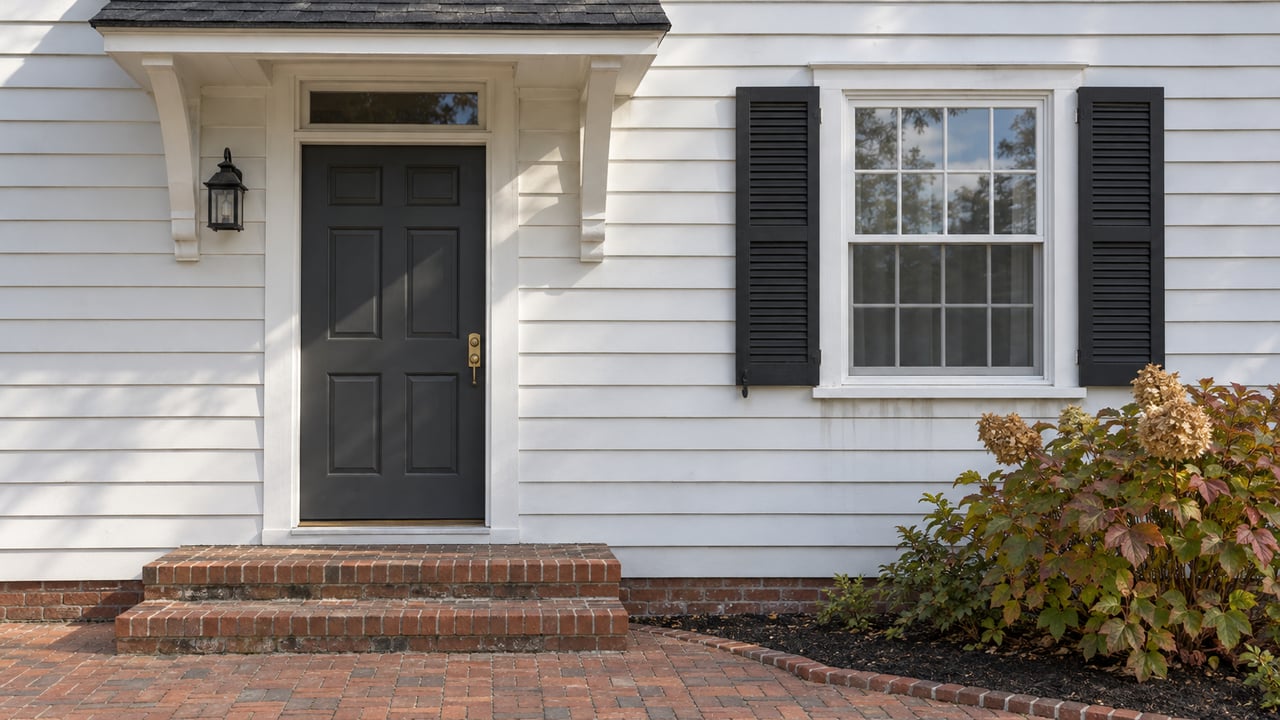 White clapboard home entry with a charcoal paneled door, paired canopy brackets, weathered brick steps, and an oakleaf hydrangea in autumn color.