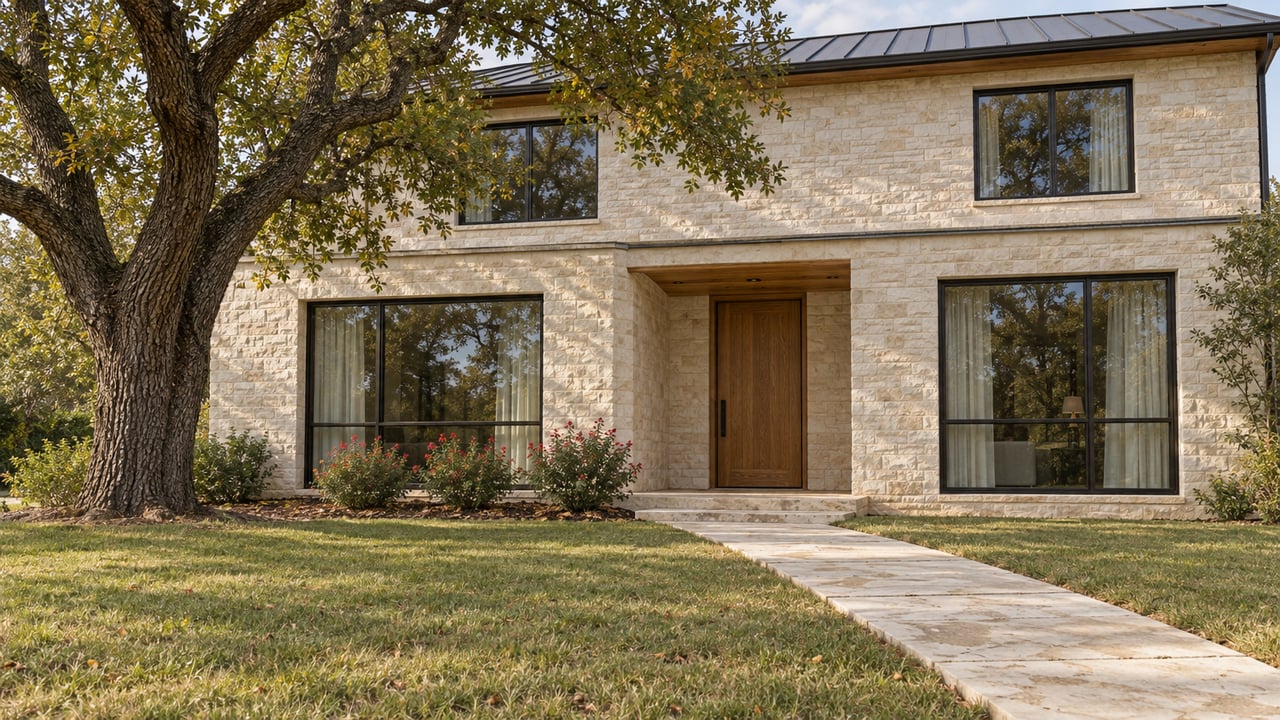 Two-story stone home with a wooden front door, shaded by a mature tree.