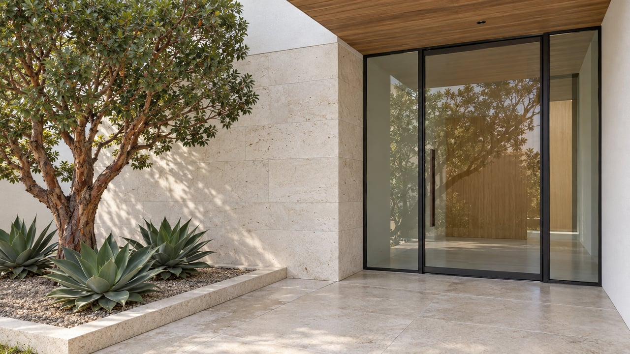 Contemporary home entry with a glazed black steel door, pale limestone landing, cedar soffit and a sculptural strawberry tree.