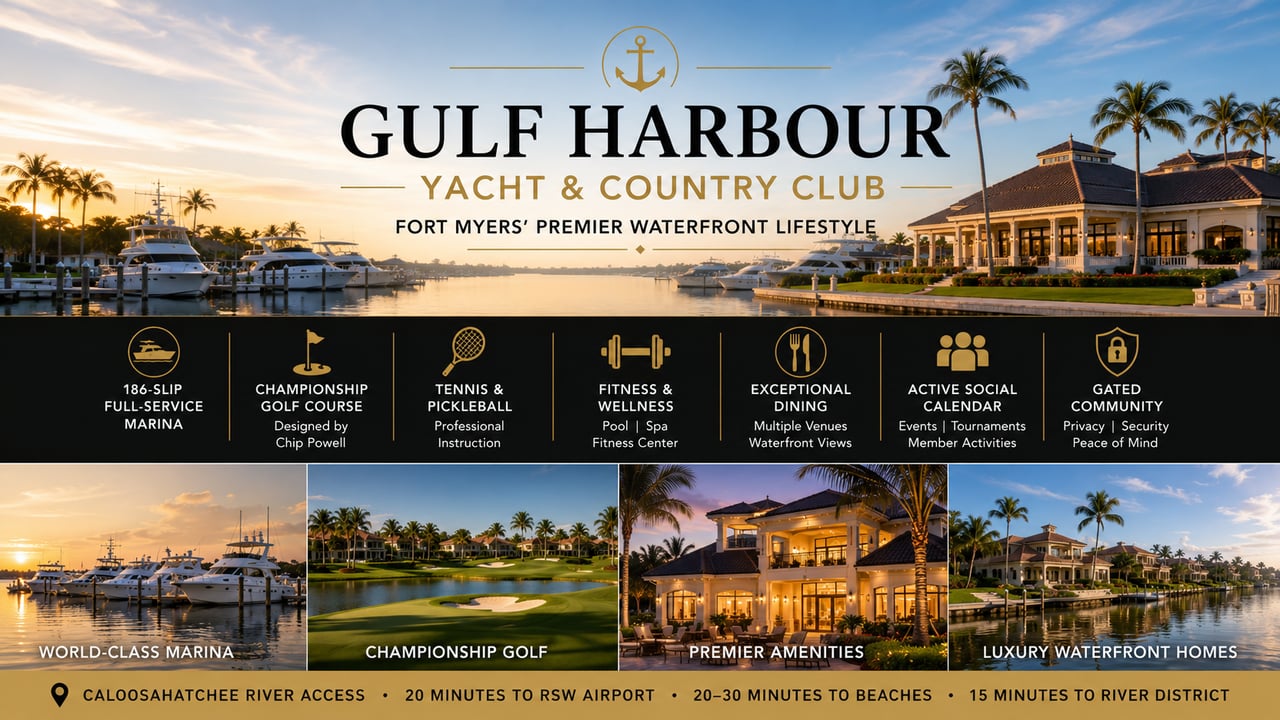 Gulf Harbour Yacht & Country Club luxury waterfront homes, marina, and golf community in Fort Myers, Florida.