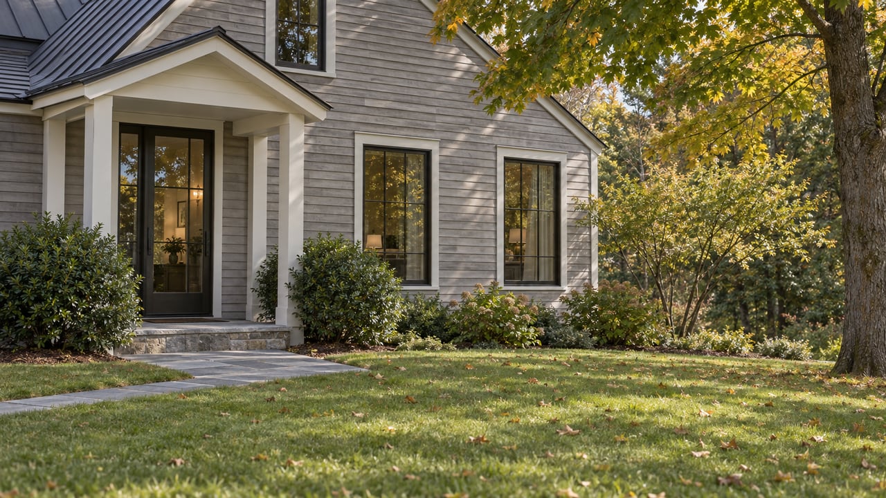 Weathered gray clapboard house with a covered entry, bluestone path, and gold-leaved maple above the lawn.