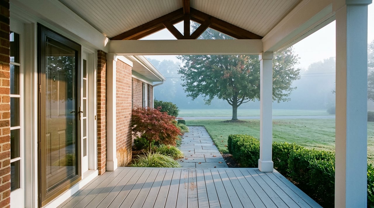 Covered brick-home porch with white columns, a glass front door, and stone walkway leading past boxwood hedges to a maple tree.