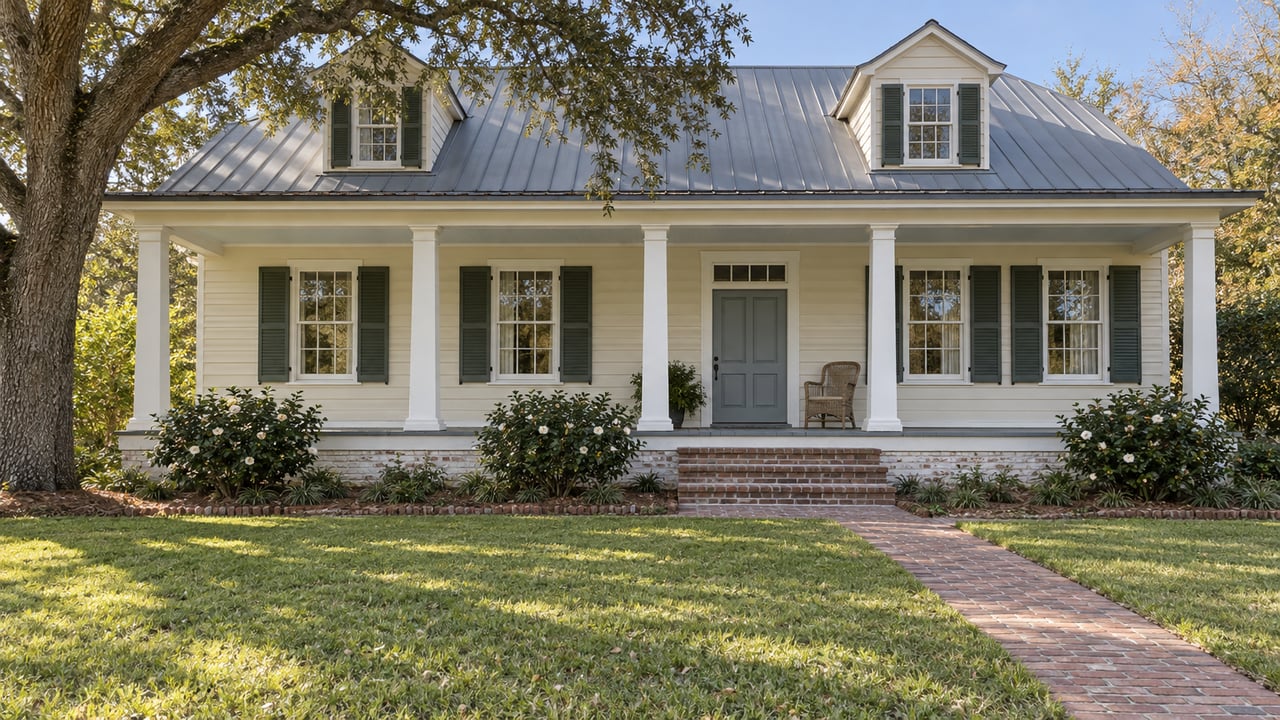 Cream clapboard house with a broad columned porch, brick front steps and a deep lawn beneath a spreading live oak.
