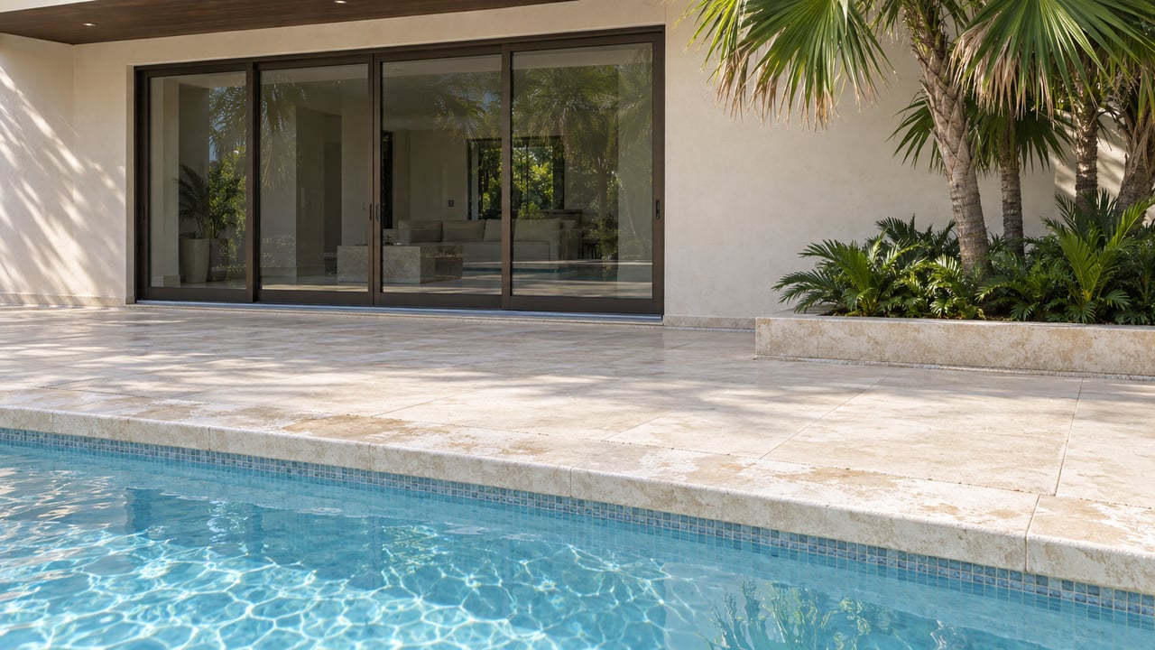 Pale blue pool borders a limestone terrace, cream stucco house, and a palm in a raised planting bed.