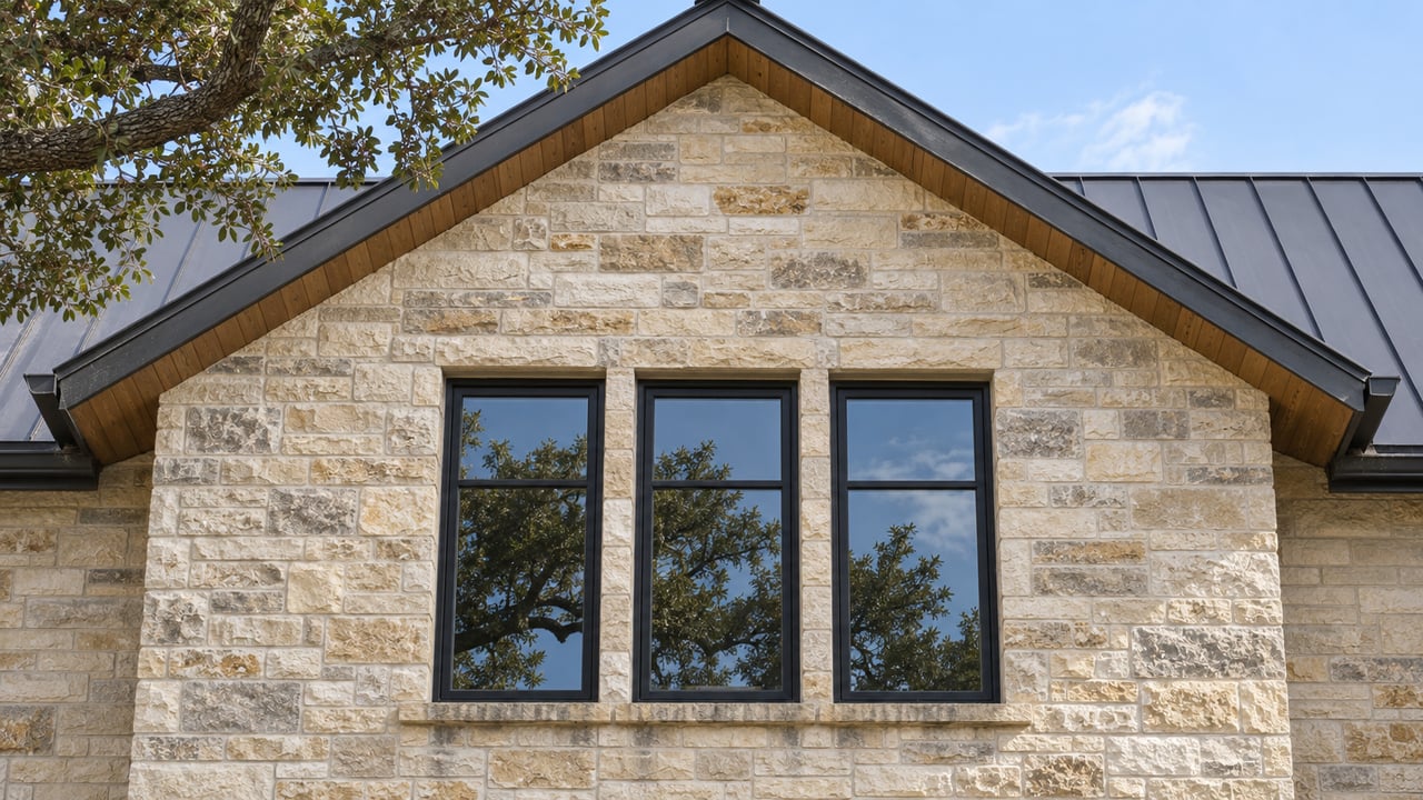Close architectural photograph of a limestone gable, three black-framed windows, a charcoal metal roof, and a cropped live-oak branch.