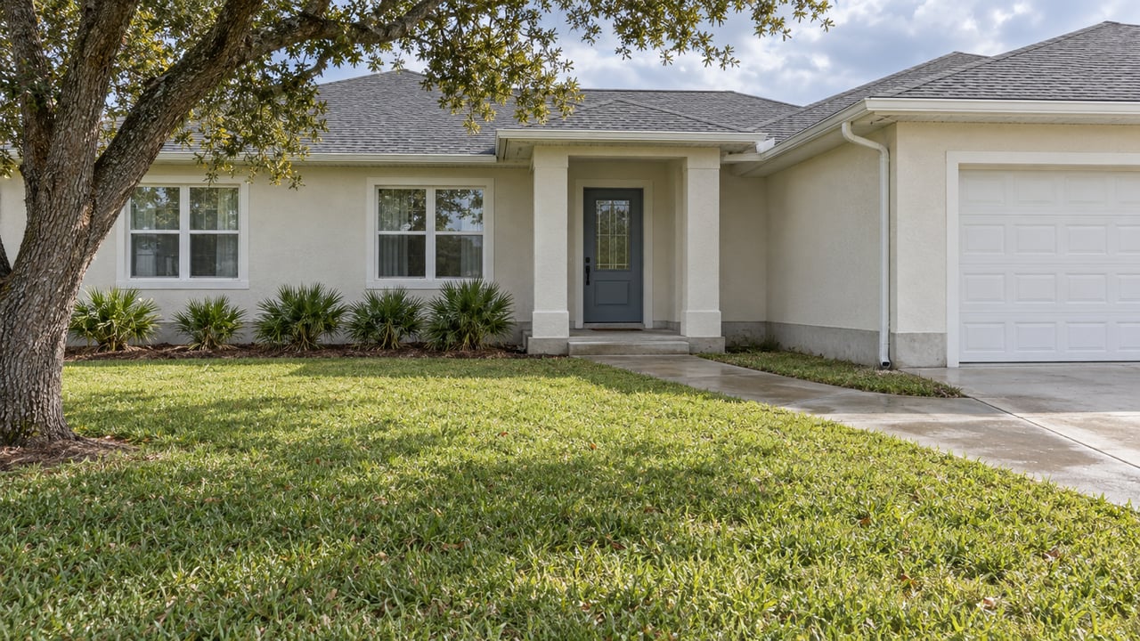 Ivory stucco home with a muted blue front door, broad front lawn, sculptural live oak and carefully spaced saw palmettos after rain.