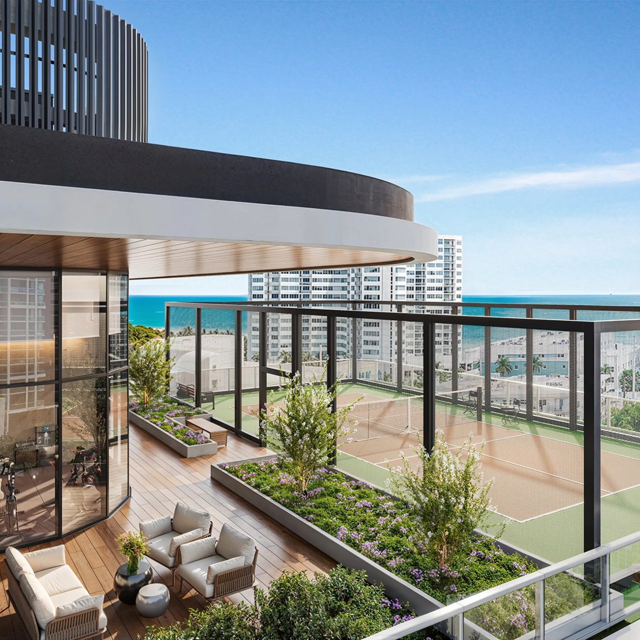Rendering of the rooftop pickleball court at Ella Miami Beach.