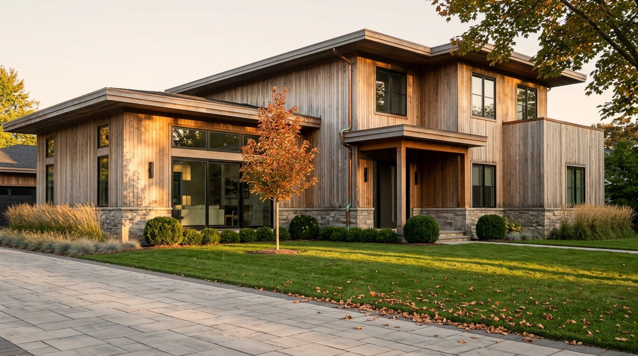 Two-story contemporary home with cedar cladding, stone base, and an orange-red maple beside the lawn.