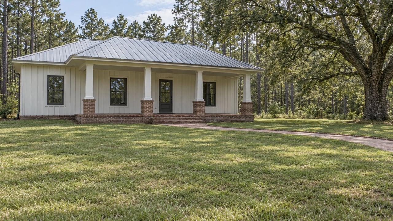 Custom single-story home with an ivory exterior, metal roof and brick porch beyond a broad lawn, framed by a mature live oak and pine trees.