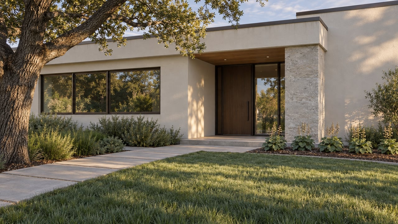 A contemporary home's recessed oak entrance and horizontal windows overlook a deep garden with a mature oak, red fescue lawn and coral bells.