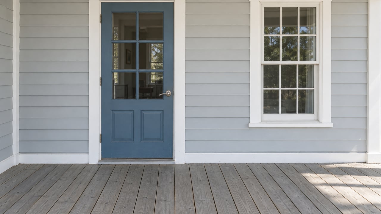 Blue glazed front door and white-trimmed window on a pale gray clapboard home above weathered gray porch decking.