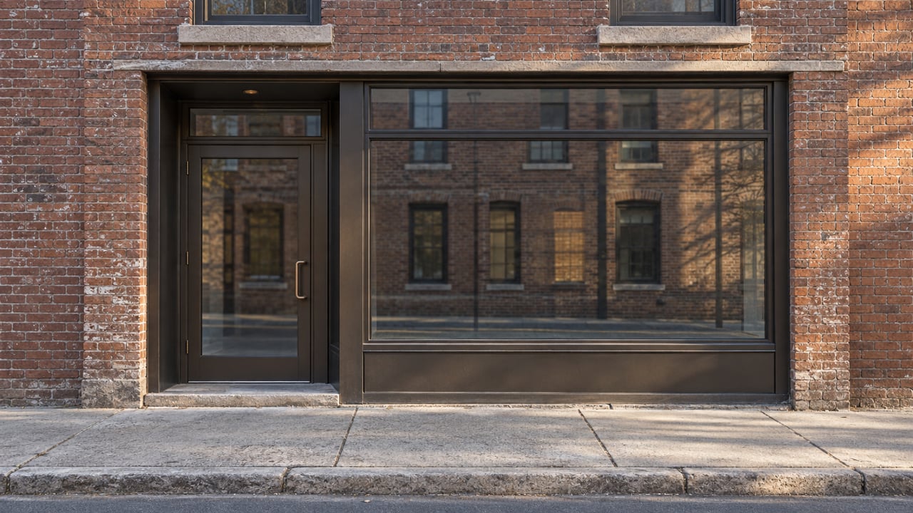 Brick storefront with a glazed doorway, display window, and two upper sash windows