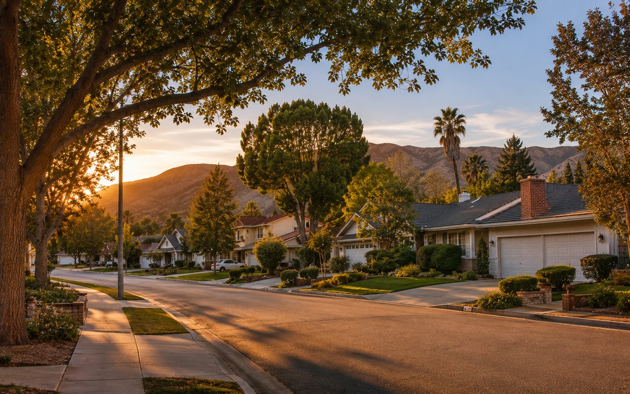 Tree-lined residential street with single-family homes in Canoga Park, California