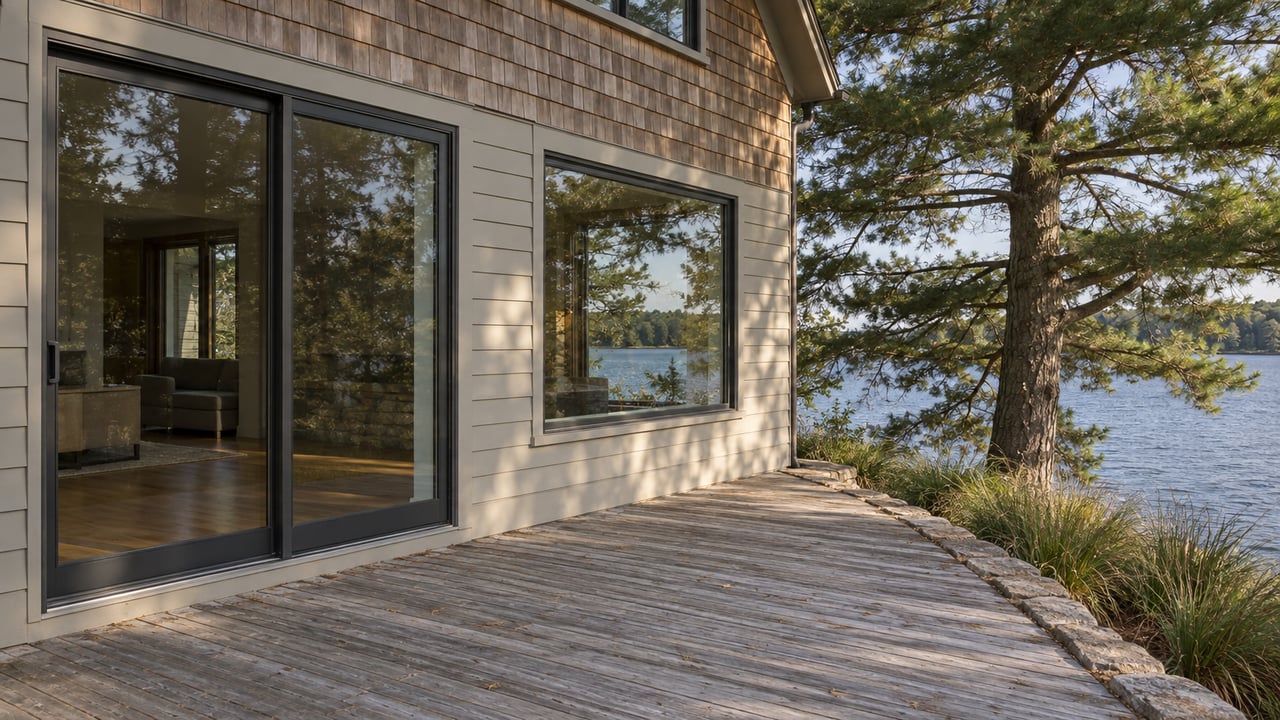 Waterfront house with cedar shingles, a timber terrace, mature white pine, and muted-blue lake water.