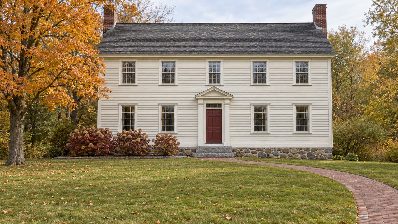 Cream clapboard house with paired brick chimneys, a red front door and an autumn maple beside a broad lawn.