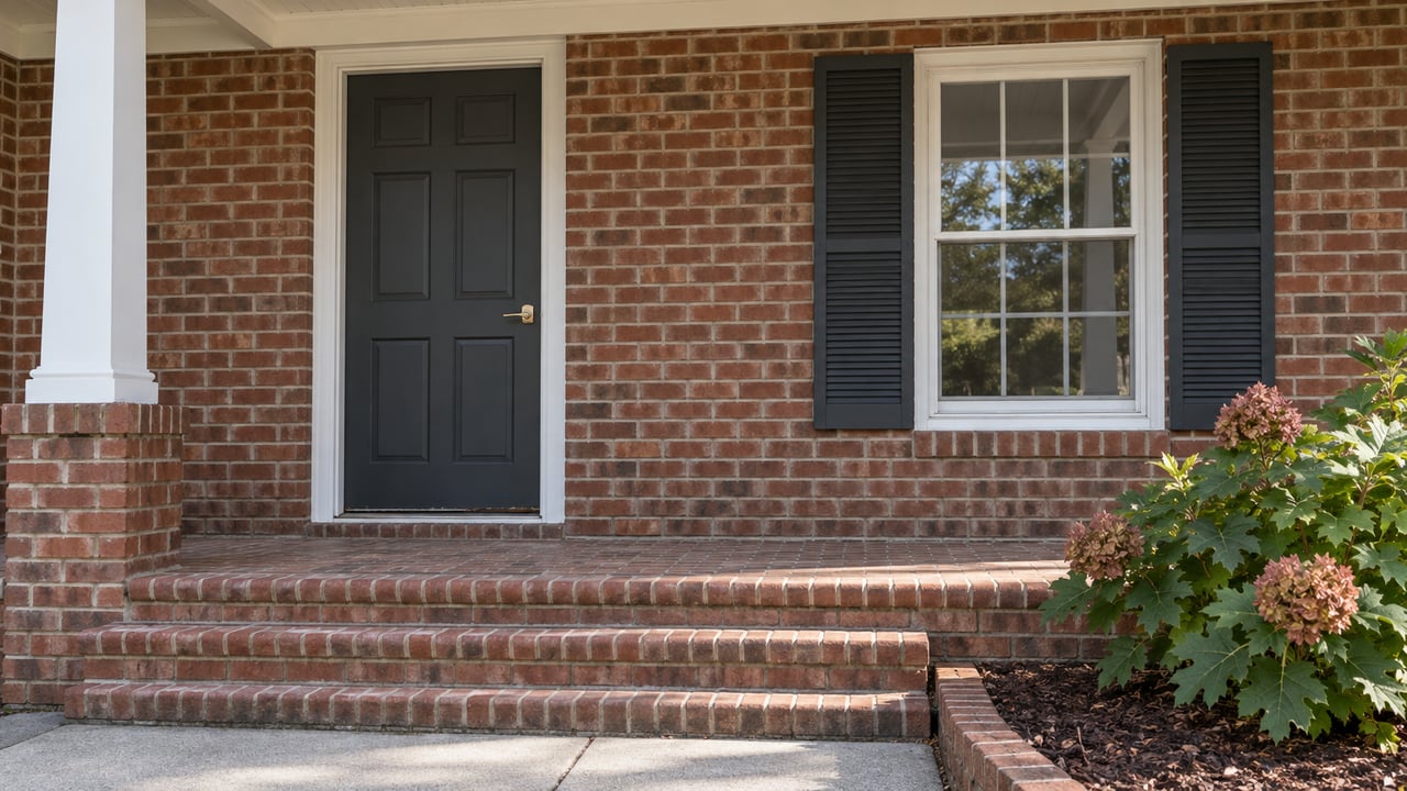 Sunlit brick home entry with a charcoal door, white porch trim, shuttered window, and oakleaf hydrangea beside brick steps.