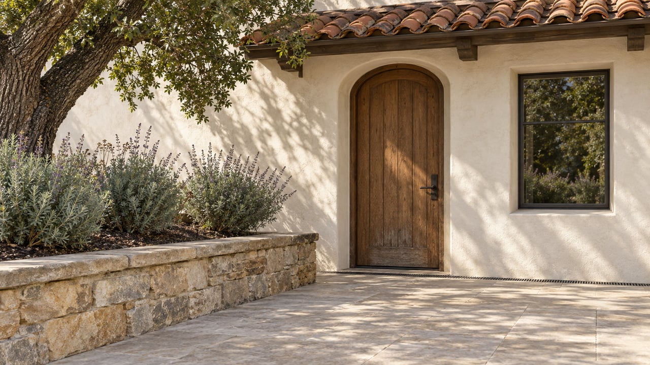Cream stucco home entrance with an arched oak door, clay-tiled canopy and stone terrace beside a raised oak and sage planting bed.
