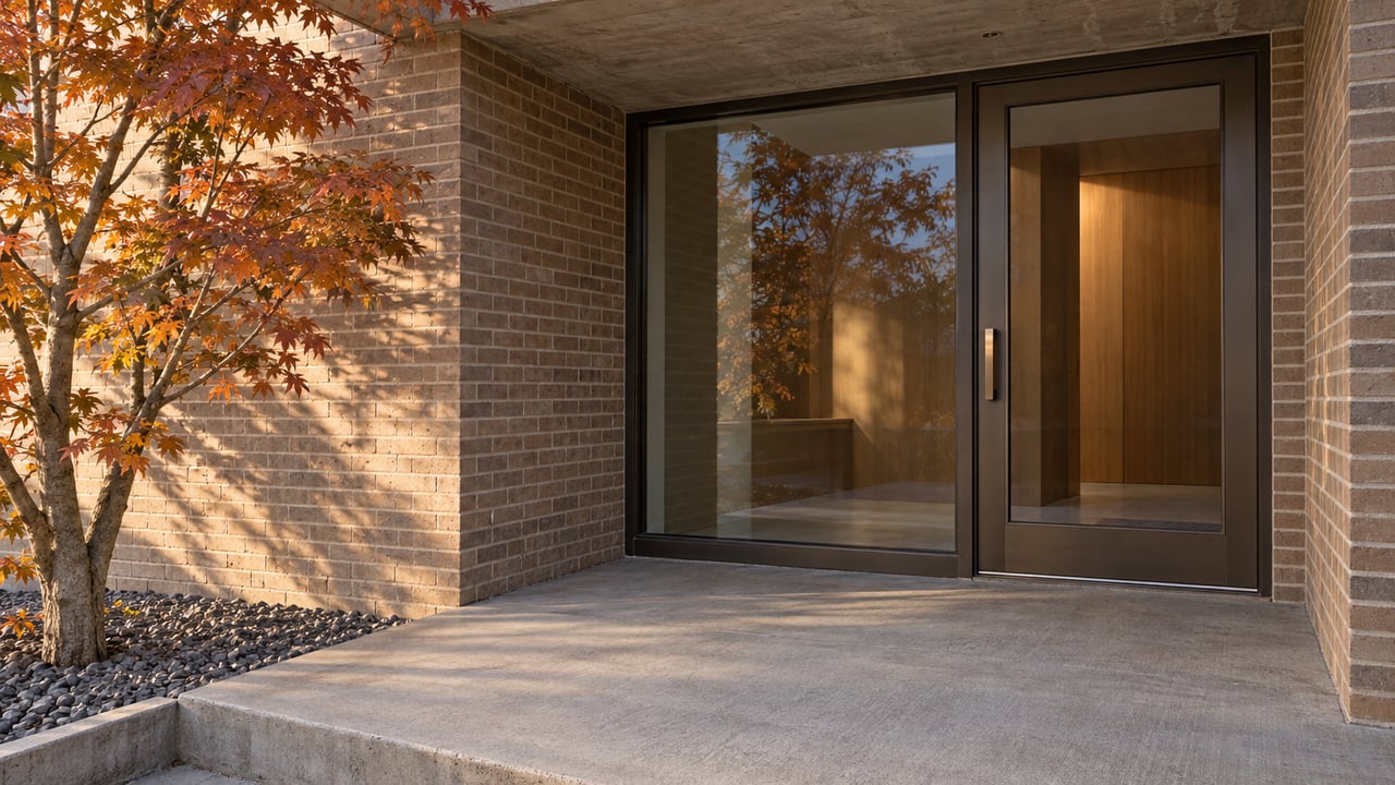 Late-afternoon light grazes a brick residential entry with a glazed bronze door, concrete landing and copper-colored maple leaves.