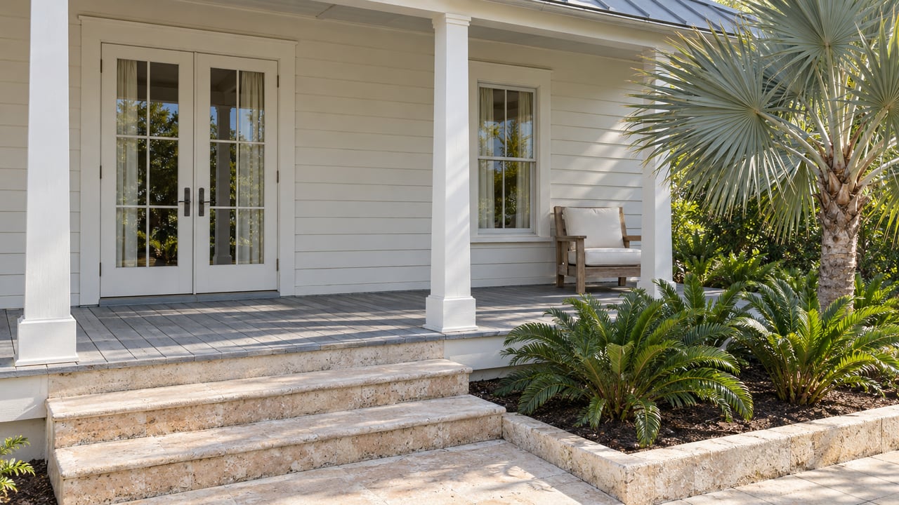 White clapboard home with a shaded raised porch, limestone steps, a teak chair, and silver palm planting.