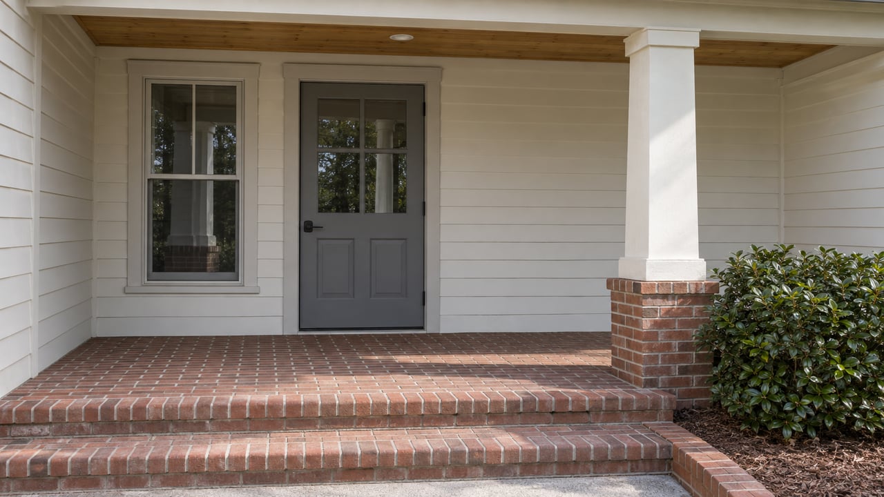 Covered porch with off-white lap siding, a gray glazed door, a square painted column and red-brick steps beside a camellia.