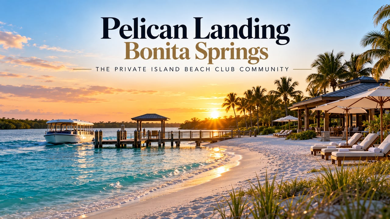 Pelican Landing in Bonita Springs, Florida, featuring its private Coconut Island beach club, resident boat shuttle, Gulf of Mexico shoreline, and exclusive waterfront lifestyle in Southwest Florida.