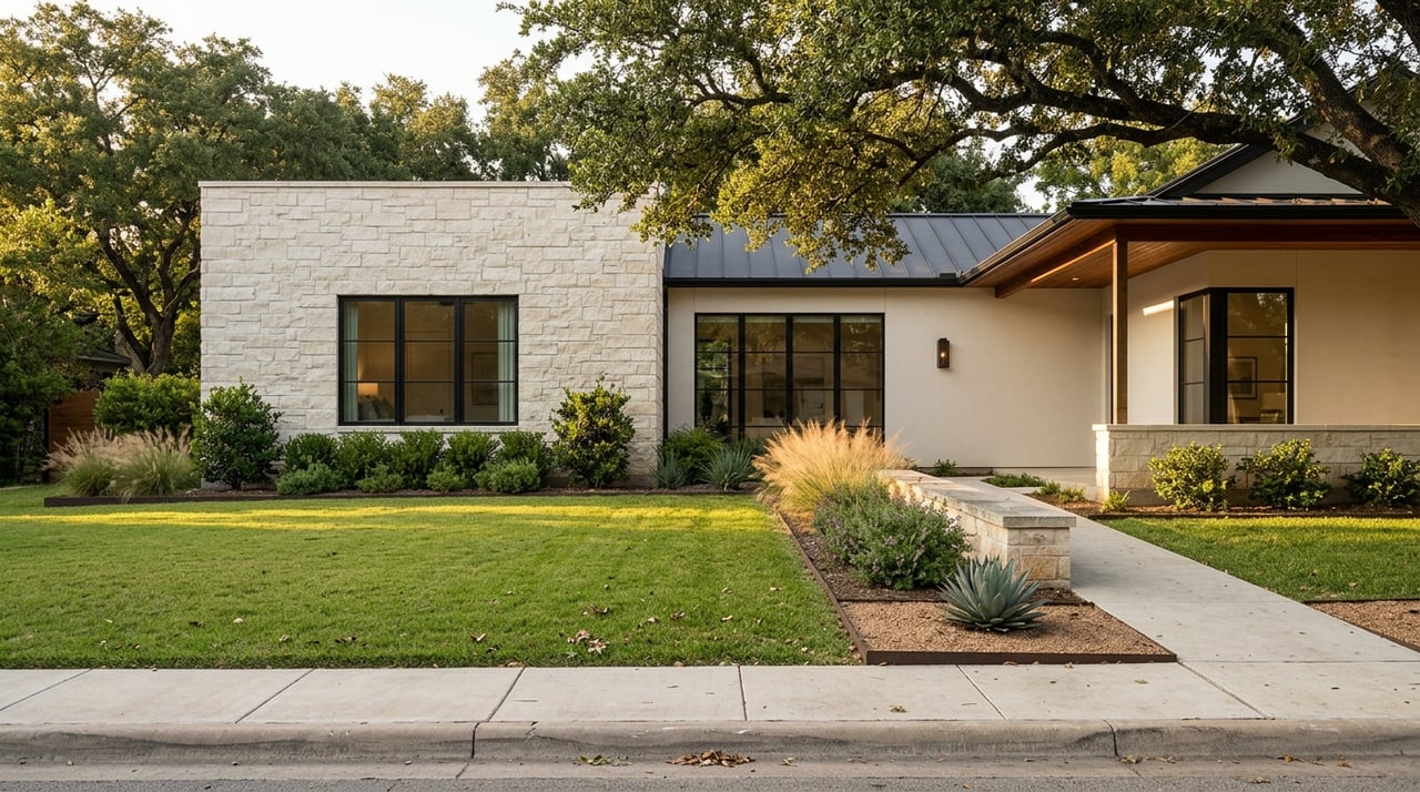 Suburban limestone-and-stucco façade with a porch corner beneath mature shade trees.