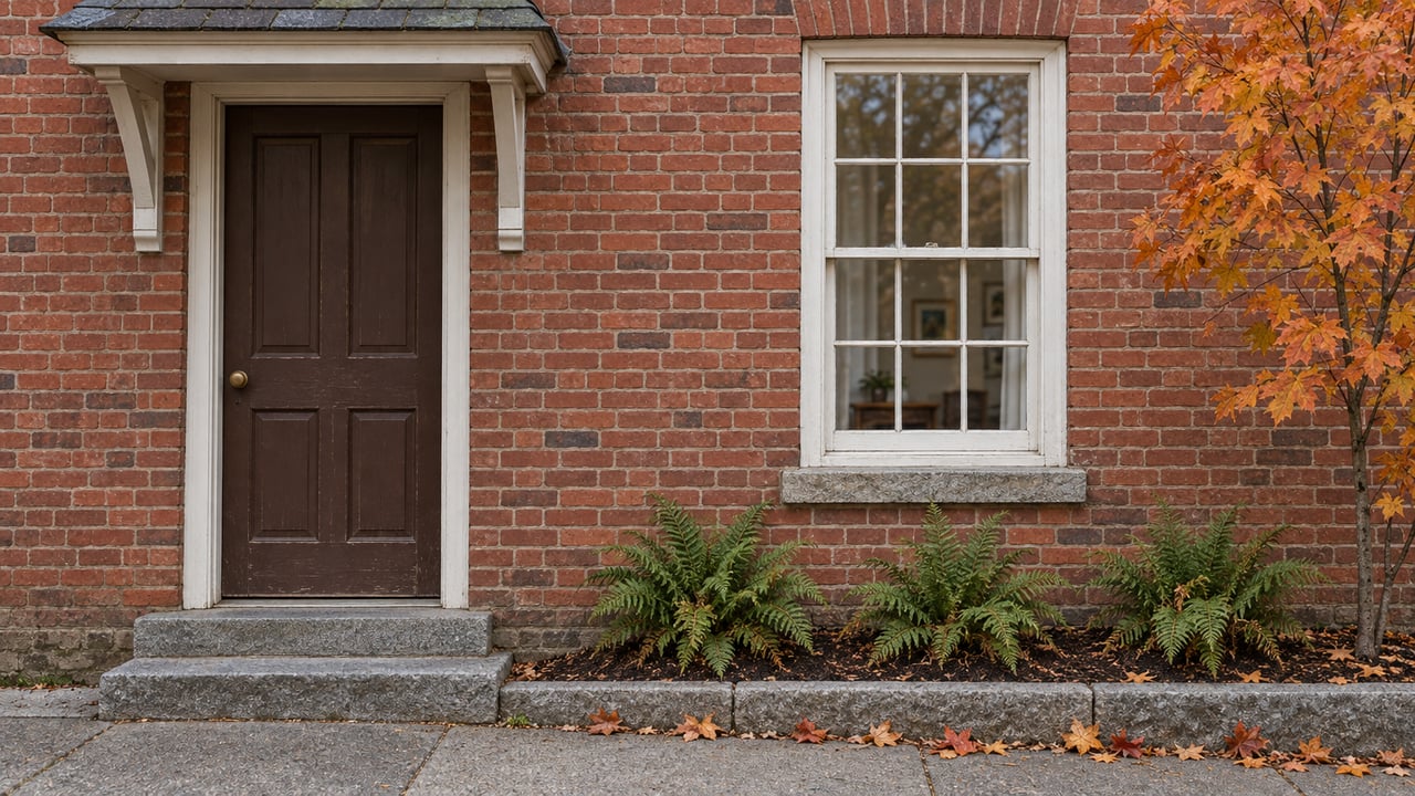 Red-brick residential entry with a brown paneled door, white sash window, granite steps and rust-orange maple leaves.