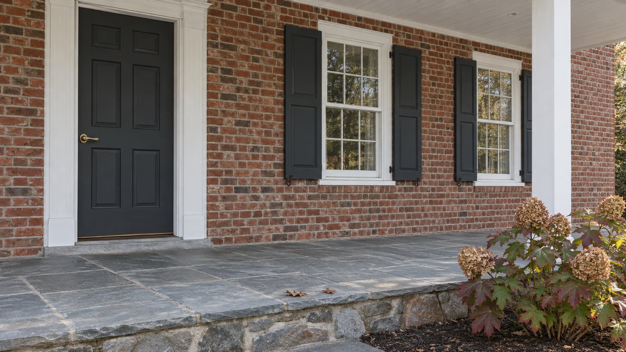 Covered brick-home entry with white timber trim, blue-gray flagstone paving and an oakleaf hydrangea beside the raised terrace.