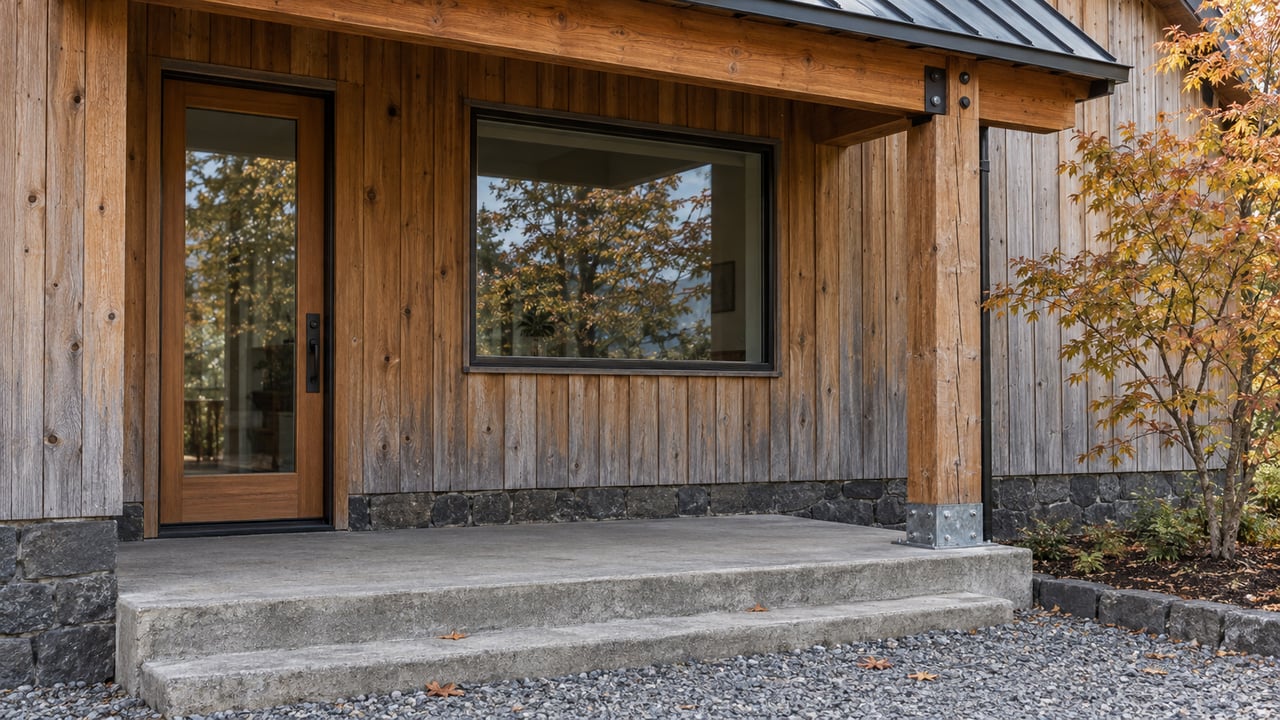 Covered timber home entry with weathered cedar siding, a concrete step, basalt foundation and an autumn vine maple beside a gravel approach.