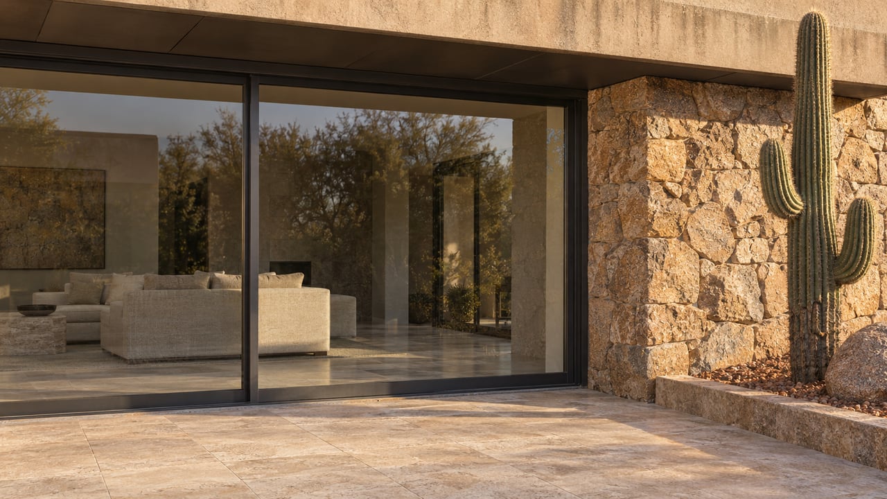 Close view of a desert home's shaded glass doors, warm granite pier and travertine terrace beside a mature saguaro.