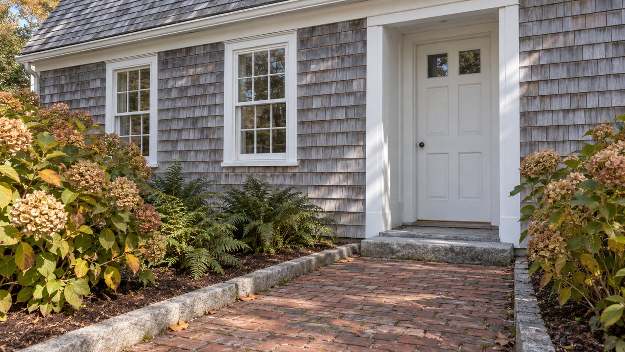 Weathered cedar-shingle cottage with white sash windows, a recessed entrance, and a brick garden approach bordered by faded hydrangeas.