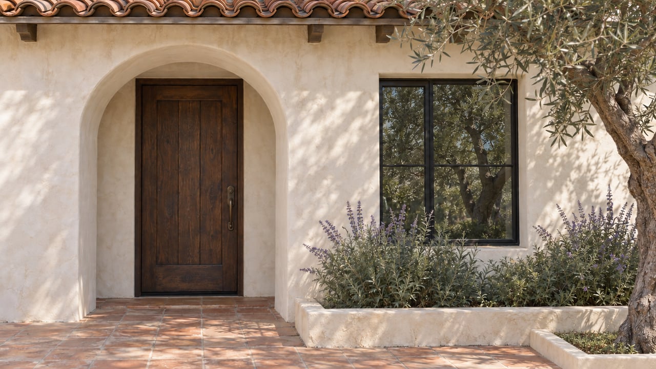 Olive tree in a soil well beside terracotta entry pavers and a low plaster curb.