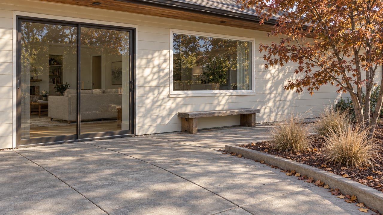 Autumn light crosses a concrete terrace beside a cream-sided home, with a cedar bench, closed glass doors and a copper-leaved maple.
