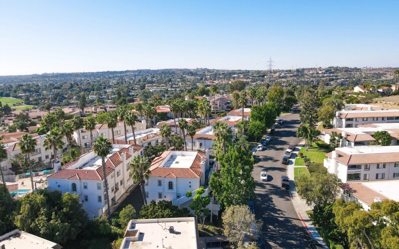 Aerial view of a residential neighborhood with red tile roofs, palm trees, and a tree-lined street.