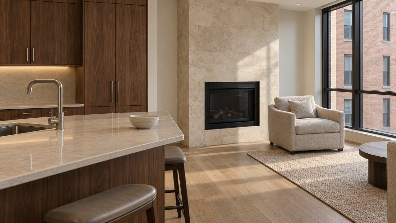 Walnut condominium kitchen with a pale quartz peninsula, oak flooring, and a compact limestone fireplace beside a glazed window.