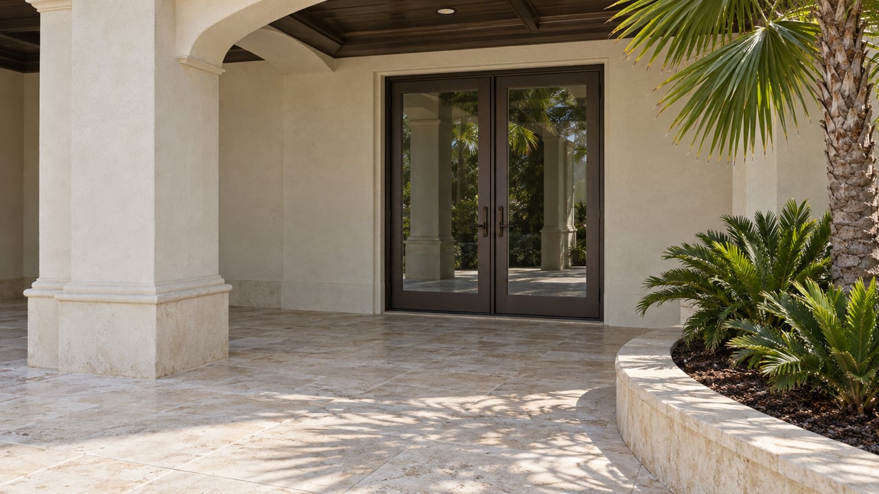 Ivory stucco loggia with bronze-framed glass doors, a dark wood ceiling and limestone terrace beside a raised tropical planting bed.