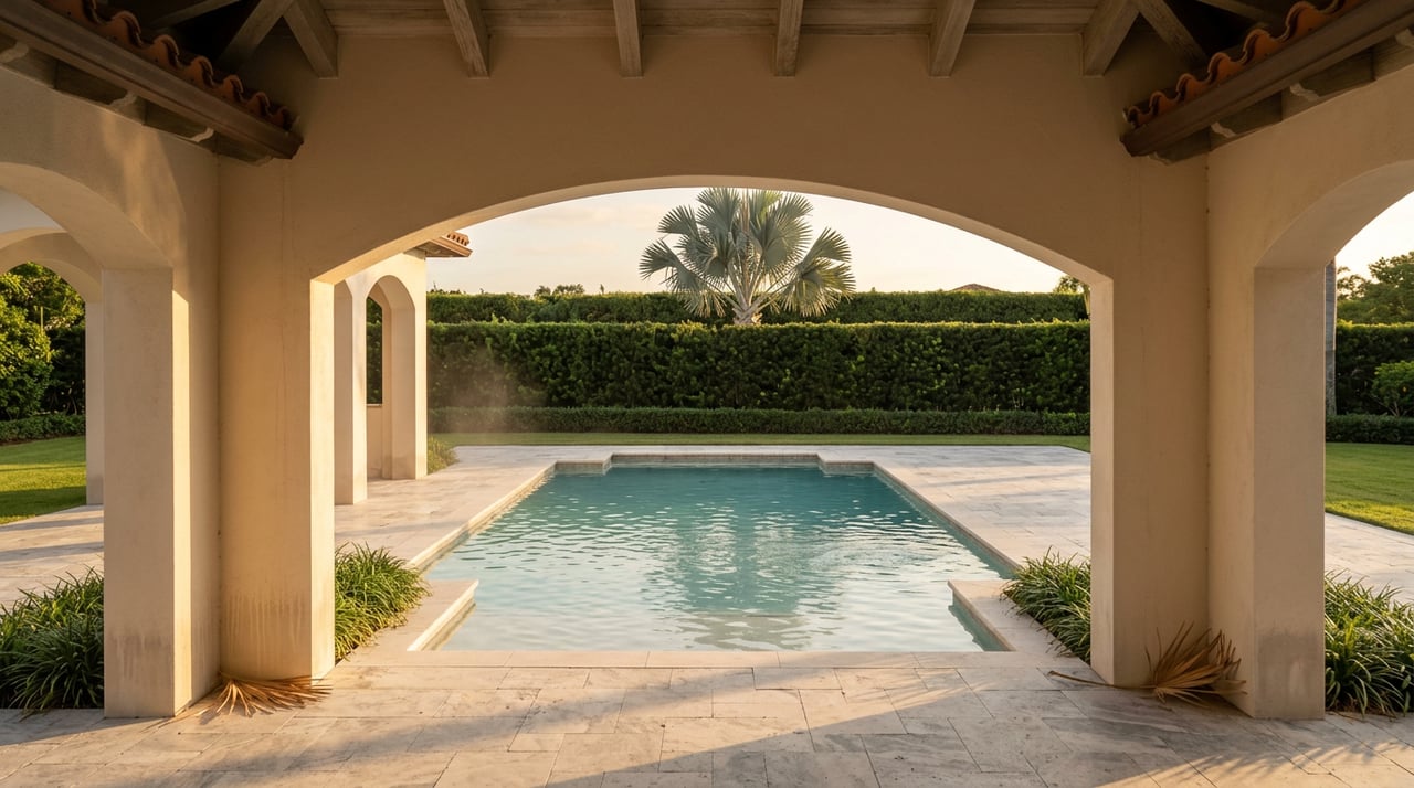 Stucco loggia arch framing a turquoise pool, clipped hedge, and silver-blue fan palm.