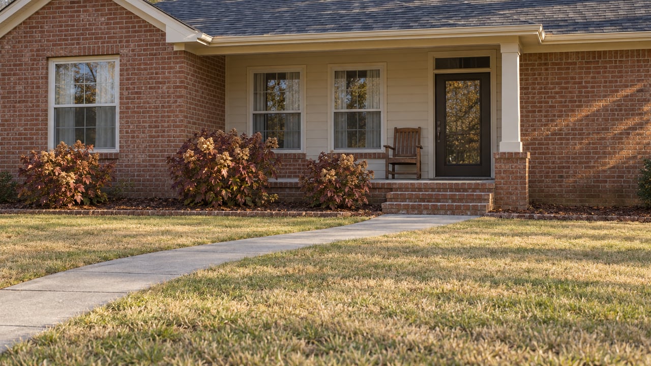 Morning sunlight across a brick ranch entrance, a curved concrete walk and a straw-gold front lawn with oakleaf hydrangeas.