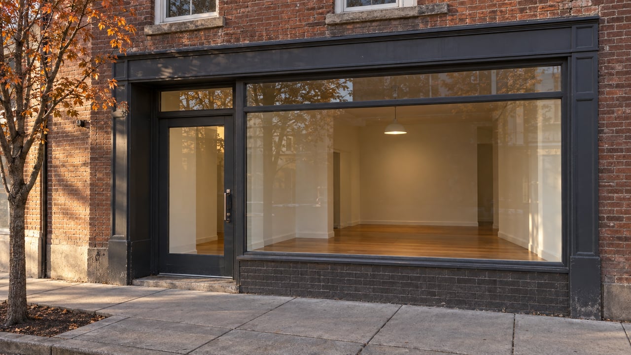 Red-brick storefront with a recessed glass door, broad display window, and sparse autumn leaves at the edge.
