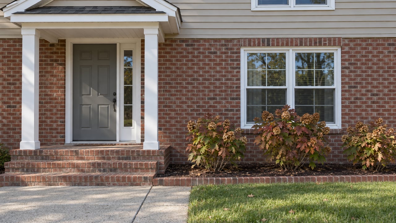 Brick steps and a small white-post portico at a tan-sided home, beside a white-trimmed window and autumn oakleaf hydrangeas.