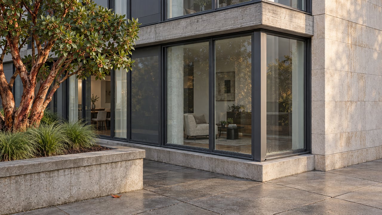 Glazed residential corner above gray terrace pavers, with limestone cladding and a sculptural strawberry tree in a raised concrete planter.