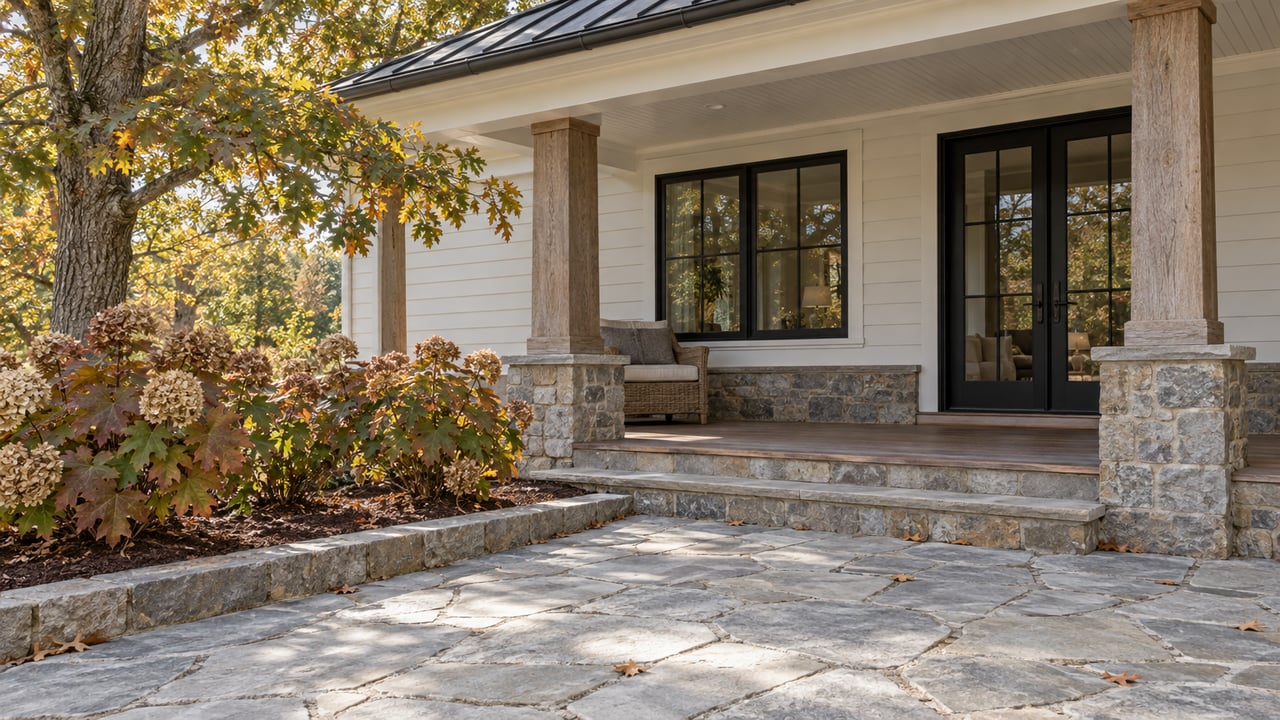 Stone terrace beside a white home with an oak-columned porch, black-framed glazing and autumn oakleaf hydrangeas.