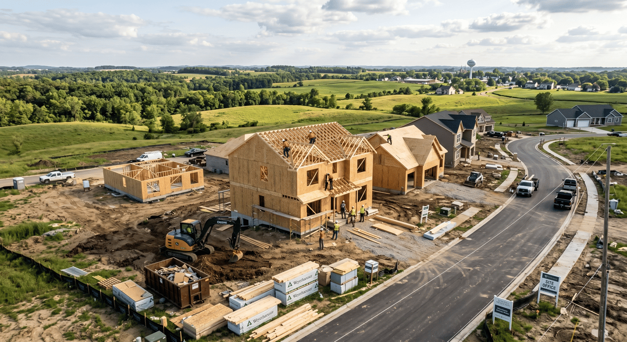 Aerial view of a new residential housing development under construction in Verona, WI, featuring homes in various framing stages and representing the growing opportunities for buyers looking to build in Dane County.