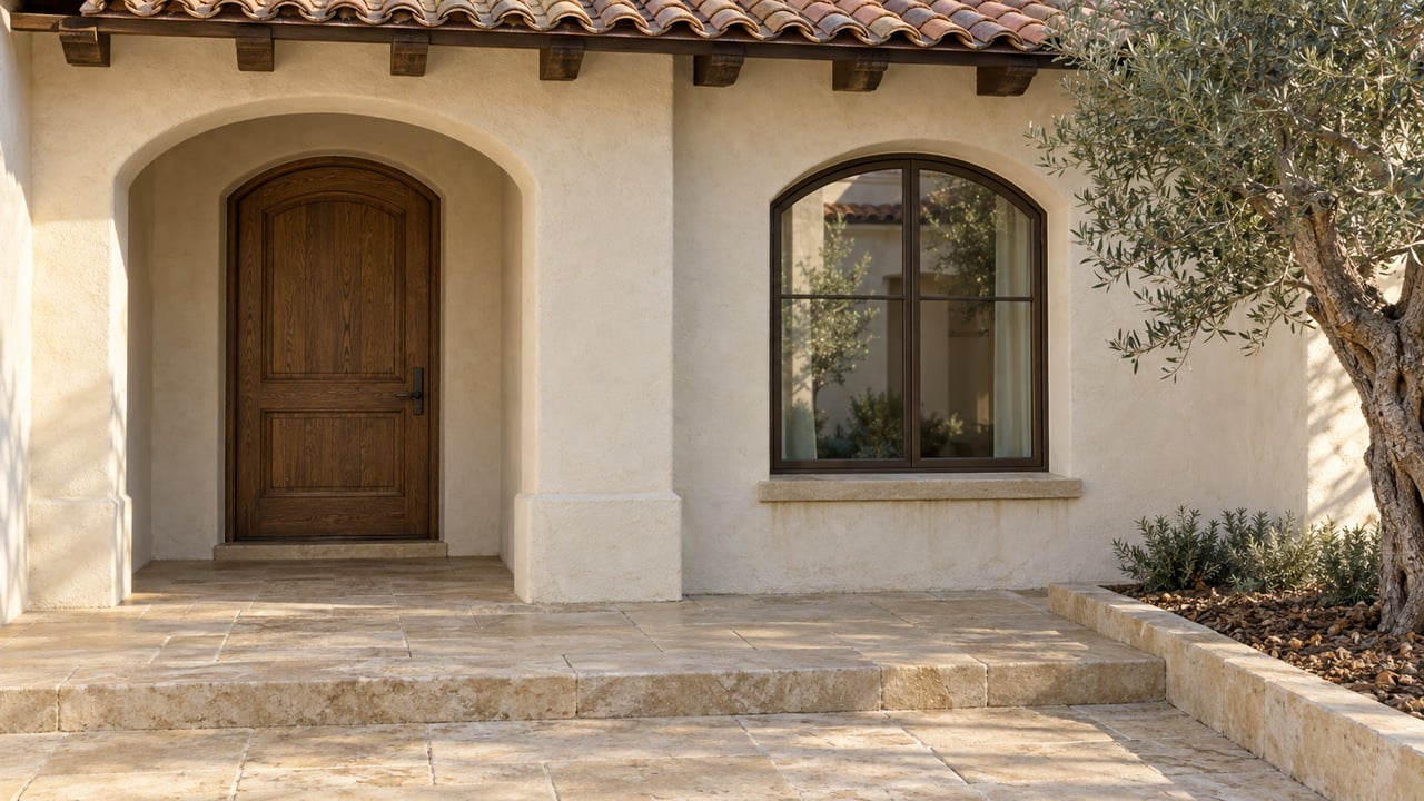 Cream stucco home entrance with a recessed oak door, arched bronze-framed window, clay roof tiles and an olive tree beside limestone paving.