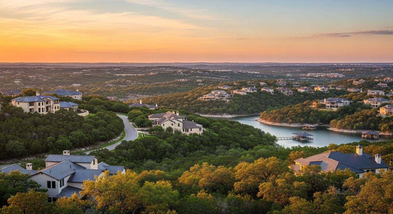 Upscale homes among wooded hills beside a lake at sunset, with docks and a winding residential road.