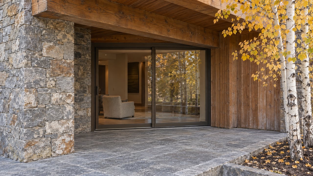 Stone and timber condominium terrace with bronze-framed glass doors and golden aspen leaves in soft autumn daylight.