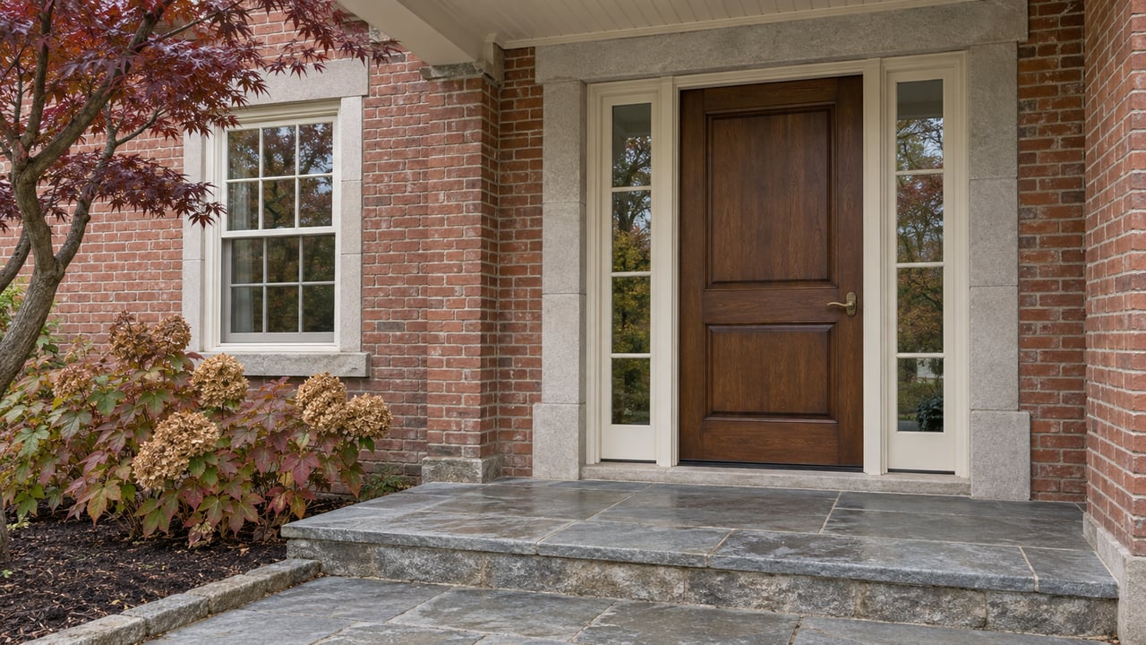 Sheltered brick home entry with a walnut door, paired sidelights, bluestone steps and burgundy autumn maple leaves.