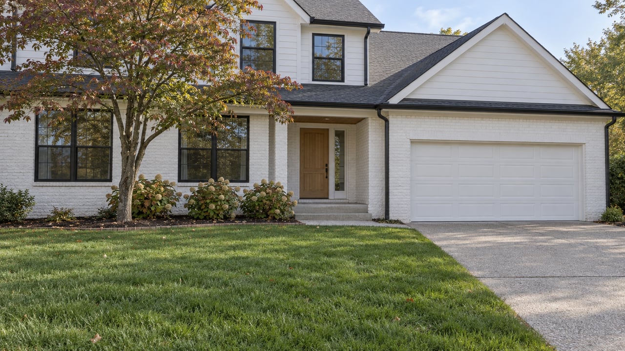 White brick and siding home with black-framed windows, a covered entry, attached garage and a deep lawn bordered by a flowering dogwood and oakleaf hydrangeas.
