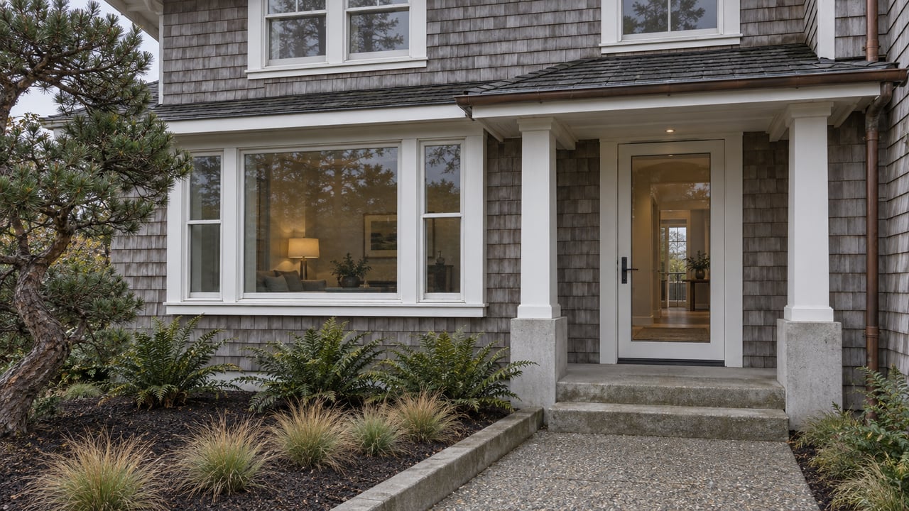 Rain-darkened cedar shingles, white-trimmed windows and a sheltered glass entry beside a concrete garden walk.