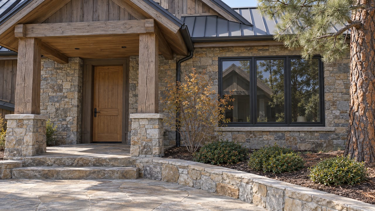 Stone home entrance with a timber-covered porch, flagstone walkway and dark-framed windows.